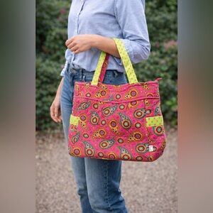 Belvah Quilted Paisley Tote Bag Set Bottle Sleeve Pink Green Cotton